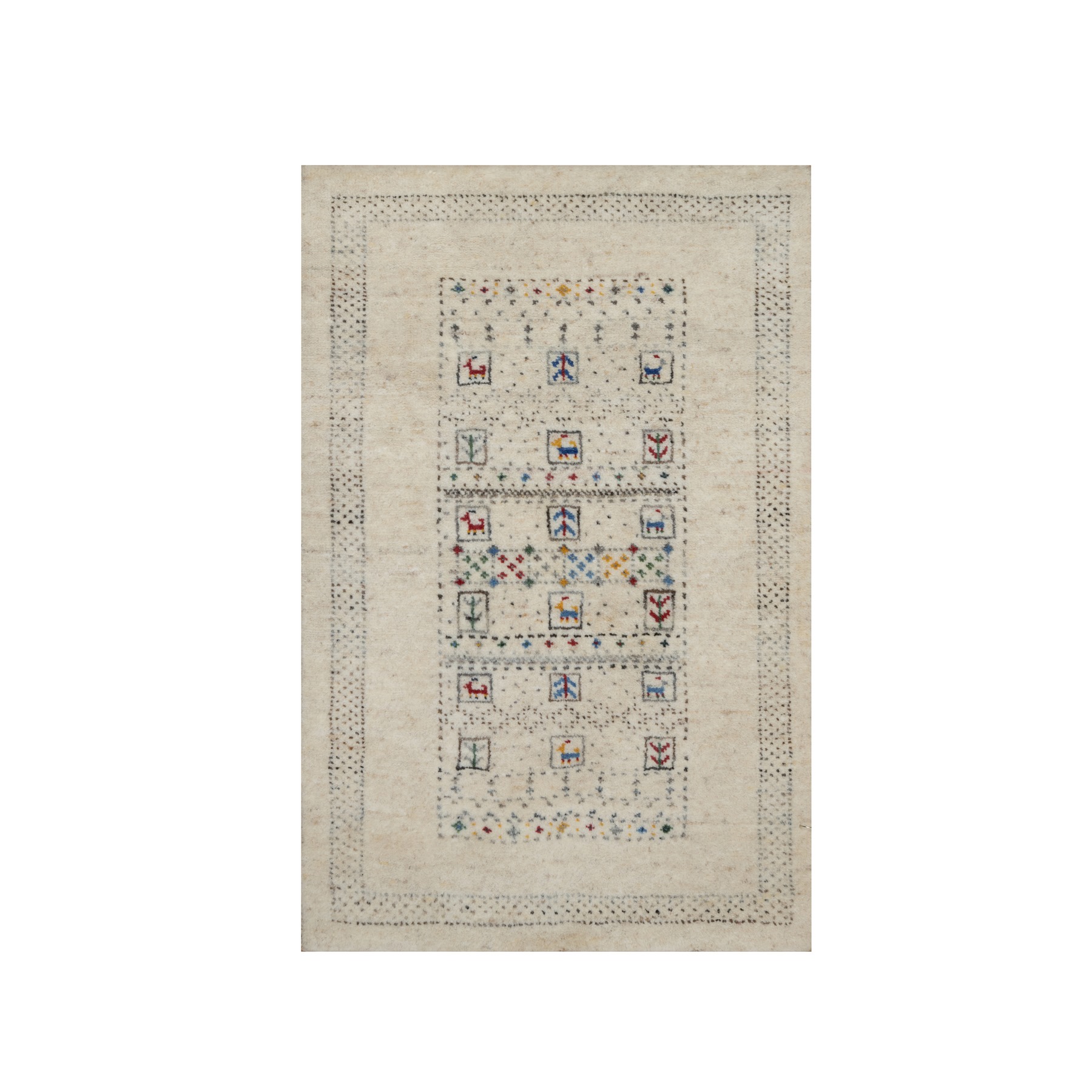 Swan White, Thick and Plush, Modern, Lori Buft Gabbeh with Small Animal Figurines, 100% Wool, Hand Knotted, Mat, Oriental Rug